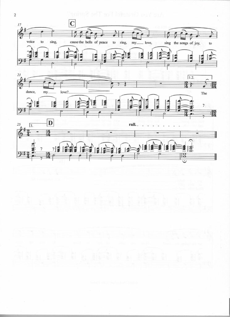 Second page of the spiritual song entitled "Are You Grateful For The Spring?" by d. g. watts, for vocalist and guitar. Copyright 2024 The Kindred Of The Eternal.